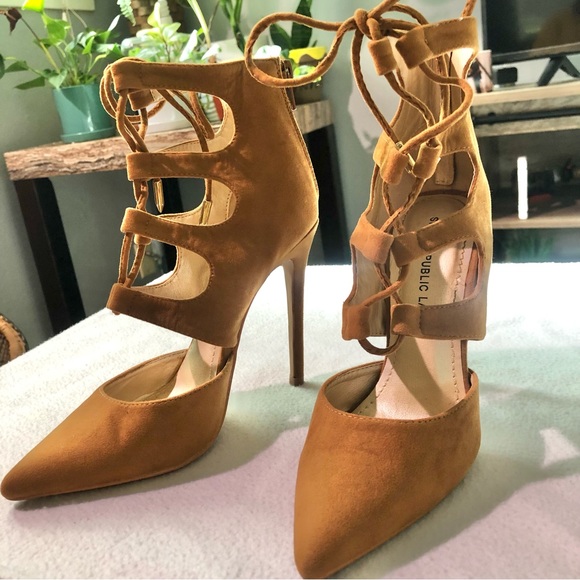 🌞SIZE 7 FIT Shoe Republic LA Chestnut Brown Suede String Up Stiletto Heels - Picture 4 of 9